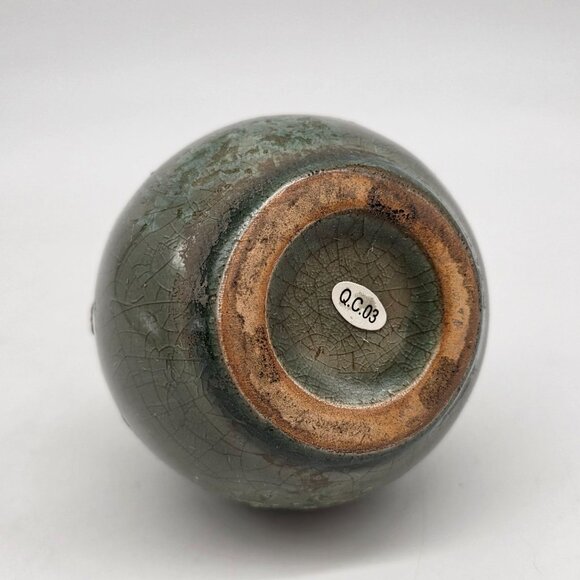 Vintage Small Brutalist Ceramic Vase Crackle Glaze & Rustic Green Brown 4.5" - Picture 3 of 7